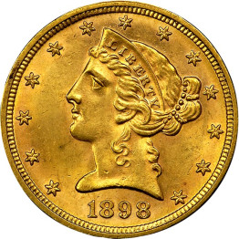 $5 DOLLAR LIBERTY HEAD GOLD COIN 1898 #LH1892G