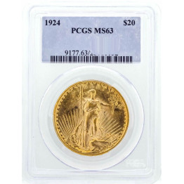 1924 $20 St. Gaudens Double Eagle Gold Coin PCGS MS63. PCGS Certified #9177 